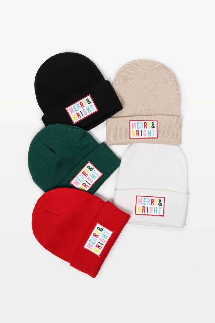 Merry & Bright Embroidery Patch Christmas Beanie